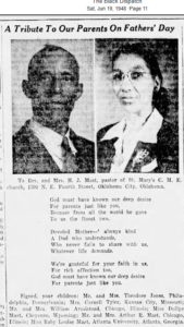 The Black Dispatch newspaper's "Churches" section front page tribute from Mast children to their fath